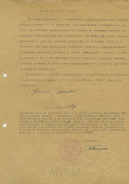 KKE 5514.jpg - Dok. Oświadczenie majątkowe Janiny Kondratowicz, Ostróda, 13 XI 1947 r.